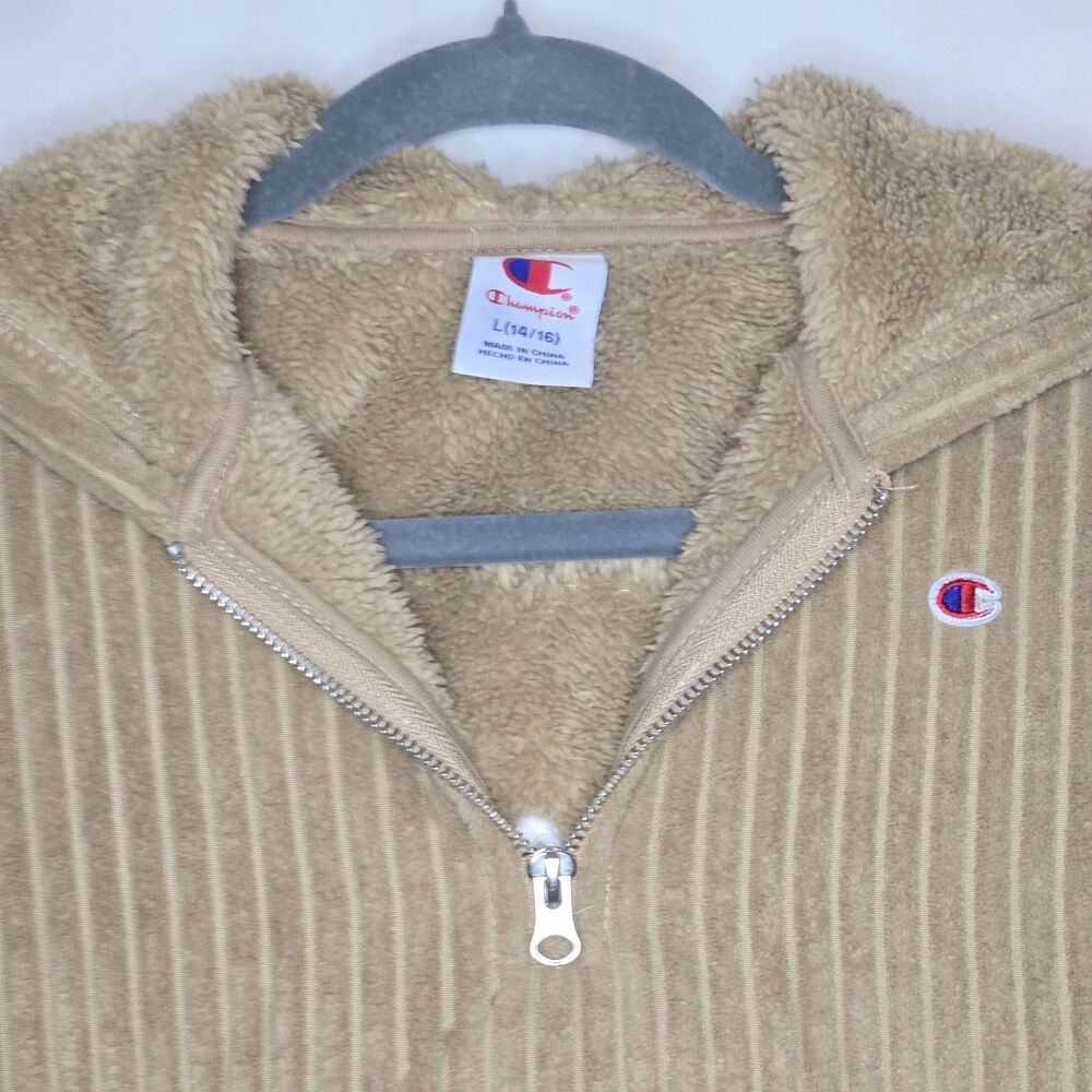 CHAMPION Hoodie Corduroy High Pile Fleece 1/4 Zip Tan Teen Large 14/16 NEW NWT - Picture 9 of 11